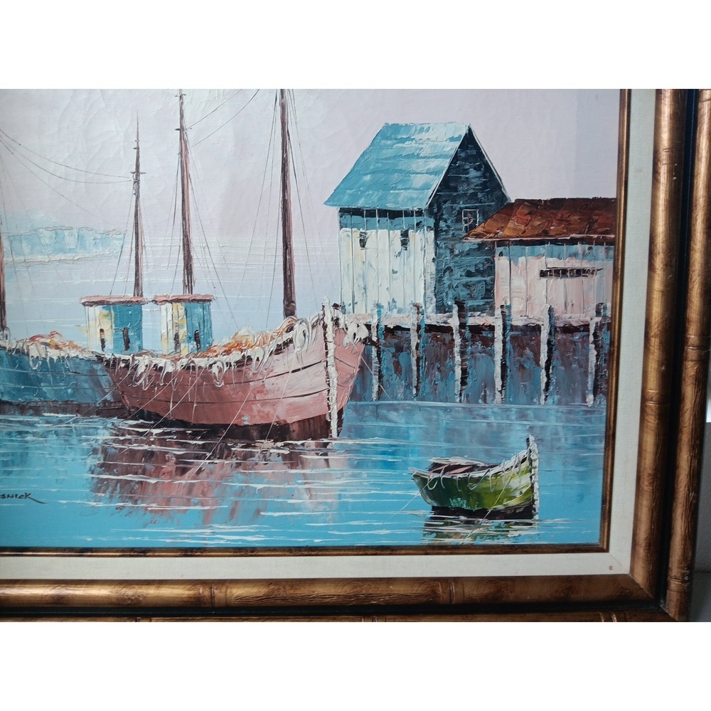 MCM Original KESWICK Oil Painting Fishing Boats in Harbor PINK SKY Calm Nautical - Picture 6 of 12